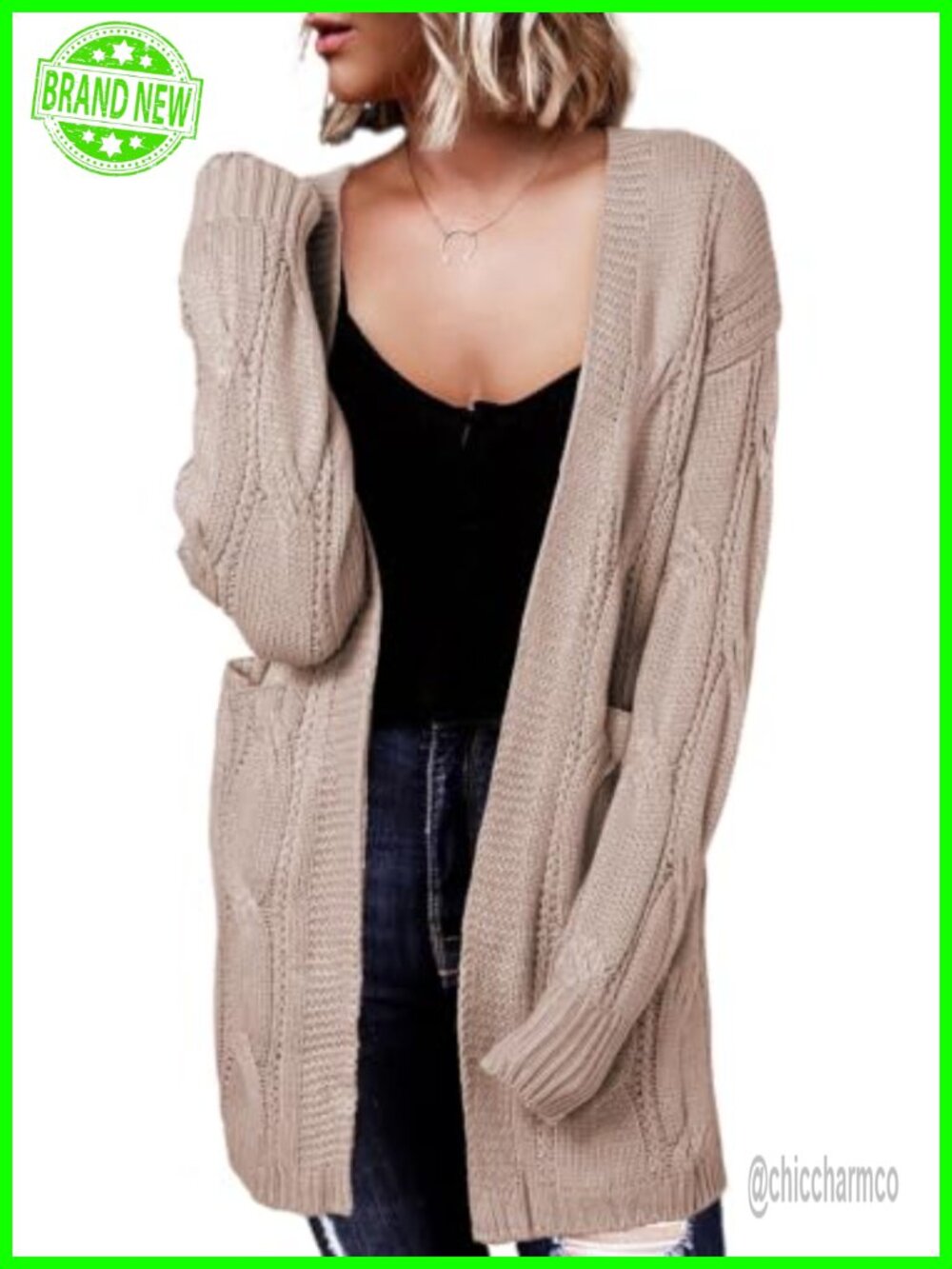 Open Front Knit Cardigan Lantern Sleeve Side Split Acrylic